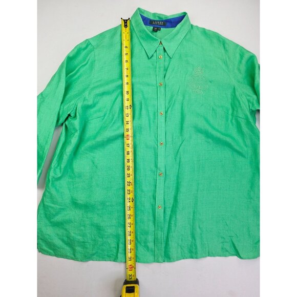 Lauren Ralph Lauren Size 3X Womens Green Linen Embroidered Chest Logo 3/4 Sleeve - Picture 10 of 11